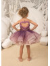 Beaded Purple Tulle Knee Length Keyhole Back Flower Girl Dress